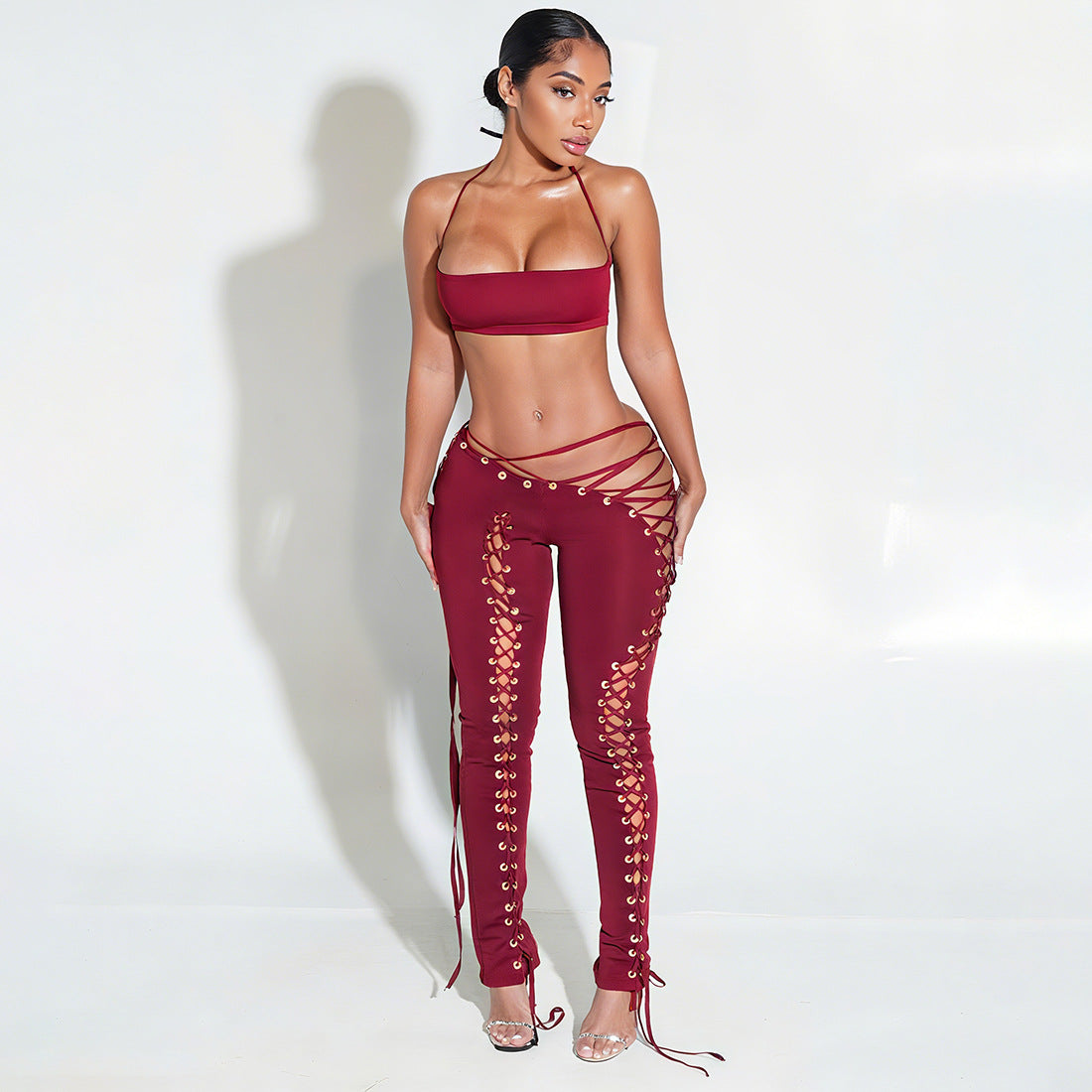 Nude Halter Bandeau Crop Top & Lace-Up Cut-Out Leggings Set