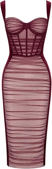 Black Mesh Ruched Corset Midi Dress