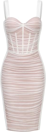 Black Mesh Ruched Corset Midi Dress
