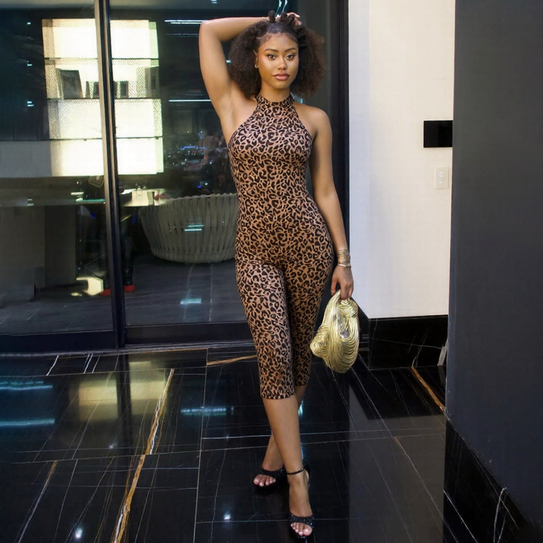 Leopard Print Halter Capri Jumpsuit