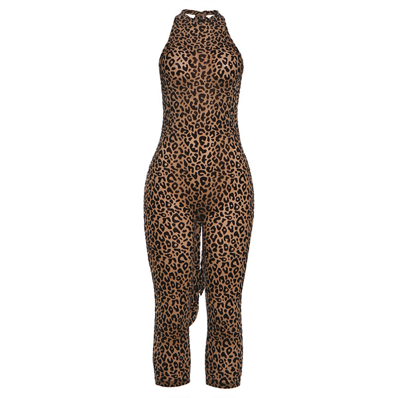 Leopard Print Halter Capri Jumpsuit