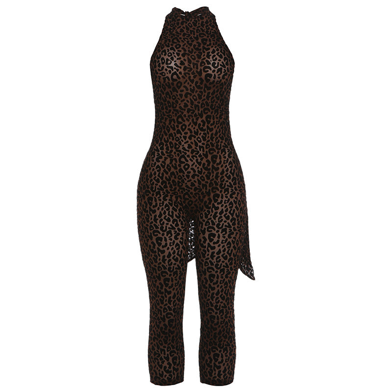 Leopard Print Halter Capri Jumpsuit