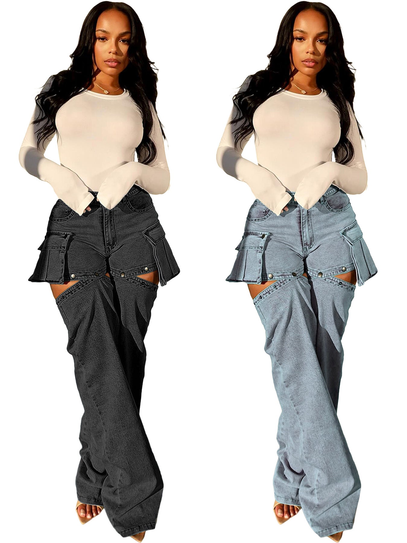 Detachable Cargo Denim Two-Piece Set