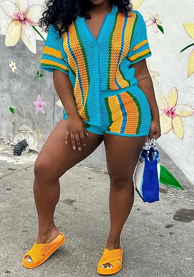 Striped Crochet Knit Two-Piece Short Set