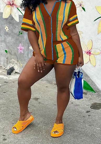 Striped Crochet Knit Two-Piece Short Set