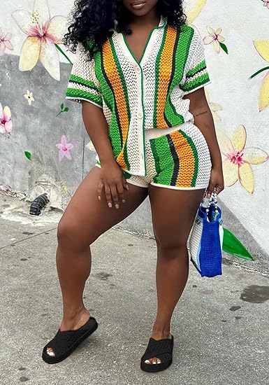 Striped Crochet Knit Two-Piece Short Set