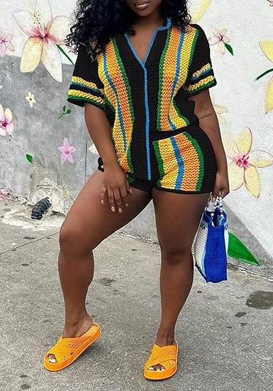 Striped Crochet Knit Two-Piece Short Set