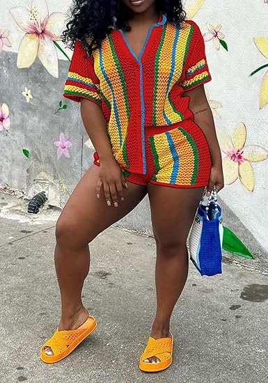 Striped Crochet Knit Two-Piece Short Set