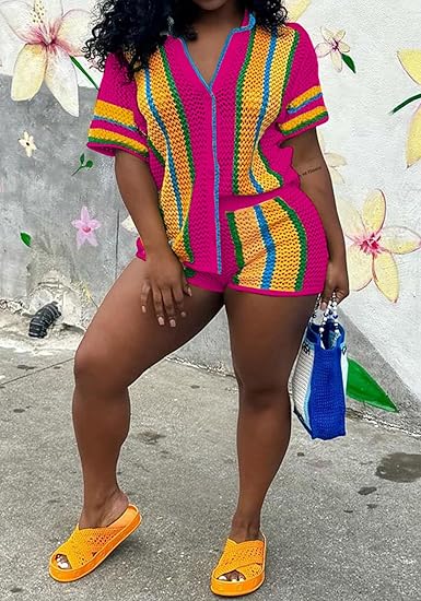 Striped Crochet Knit Two-Piece Short Set