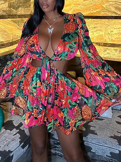 Tropical Print Cutout Mini Dress
