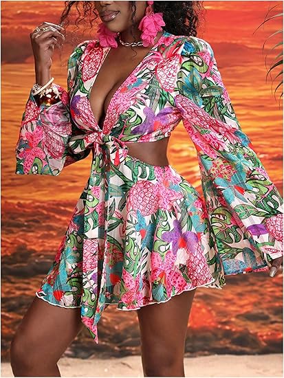 Tropical Print Cutout Mini Dress