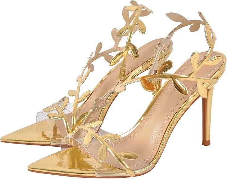Leaf-Embellished Clear Stiletto Heels