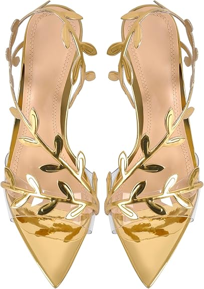 Leaf-Embellished Clear Stiletto Heels