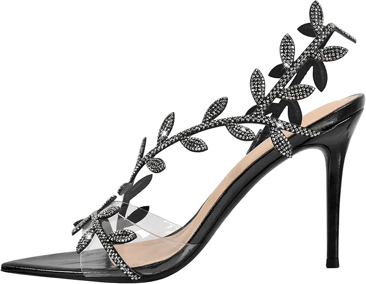 Leaf-Embellished Clear Stiletto Heels