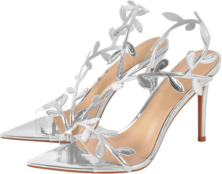Leaf-Embellished Clear Stiletto Heels