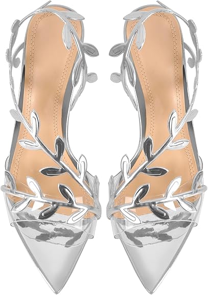 Leaf-Embellished Clear Stiletto Heels