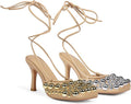 Nude Mixed Metal Studded Lace-Up Heels