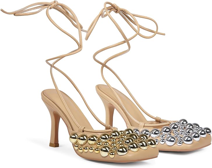 Nude Mixed Metal Studded Lace-Up Heels