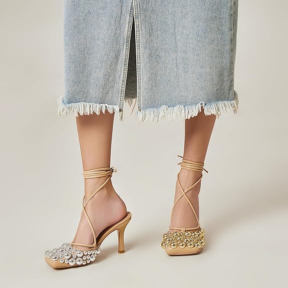 Nude Mixed Metal Studded Lace-Up Heels