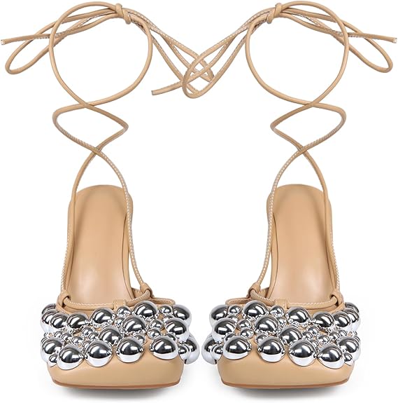 Nude Mixed Metal Studded Lace-Up Heels