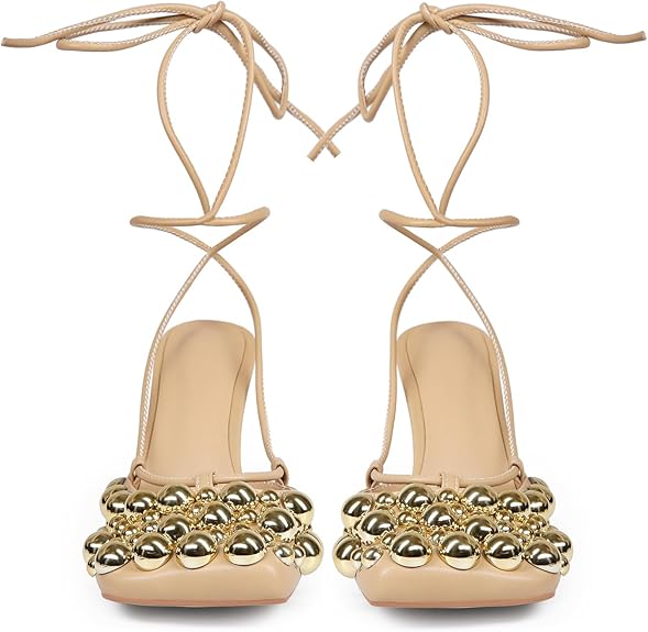Nude Mixed Metal Studded Lace-Up Heels