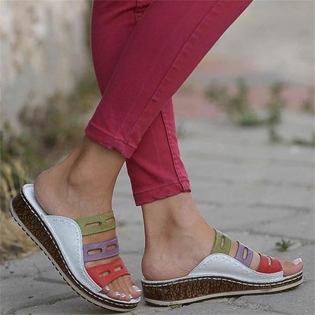Multicolor Leather Wedge Slide Sandals