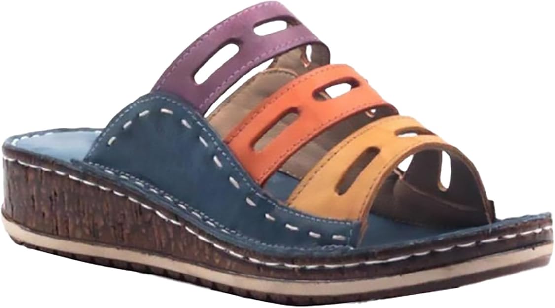 Multicolor Leather Wedge Slide Sandals