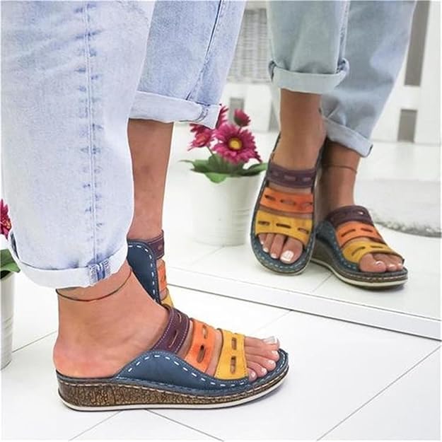 Multicolor Leather Wedge Slide Sandals