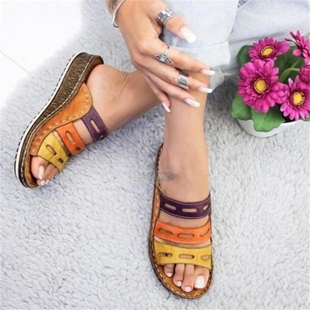 Multicolor Leather Wedge Slide Sandals