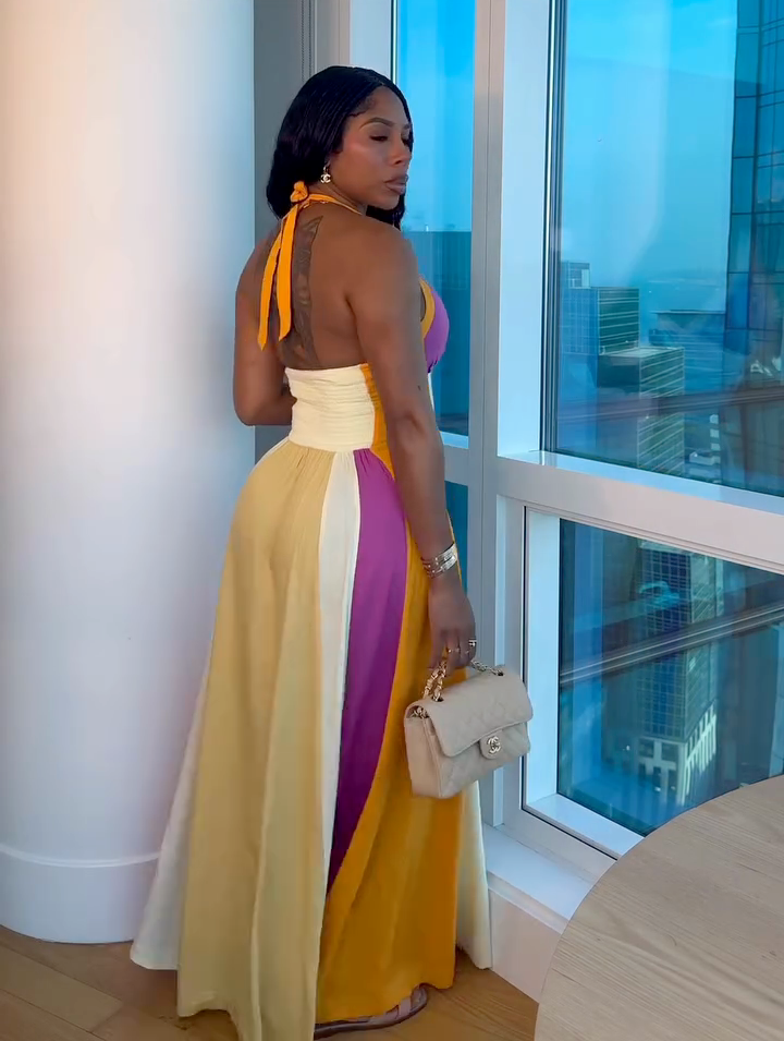 Purple-Yellow Color Block Halter Maxi Dress