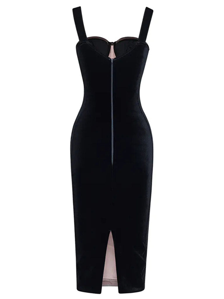 Black Mesh Ruched Corset Midi Dress