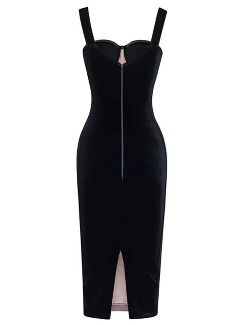 Black Mesh Ruched Corset Midi Dress