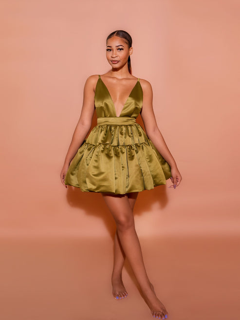 Olive Green Satin Tiered Mini Dress