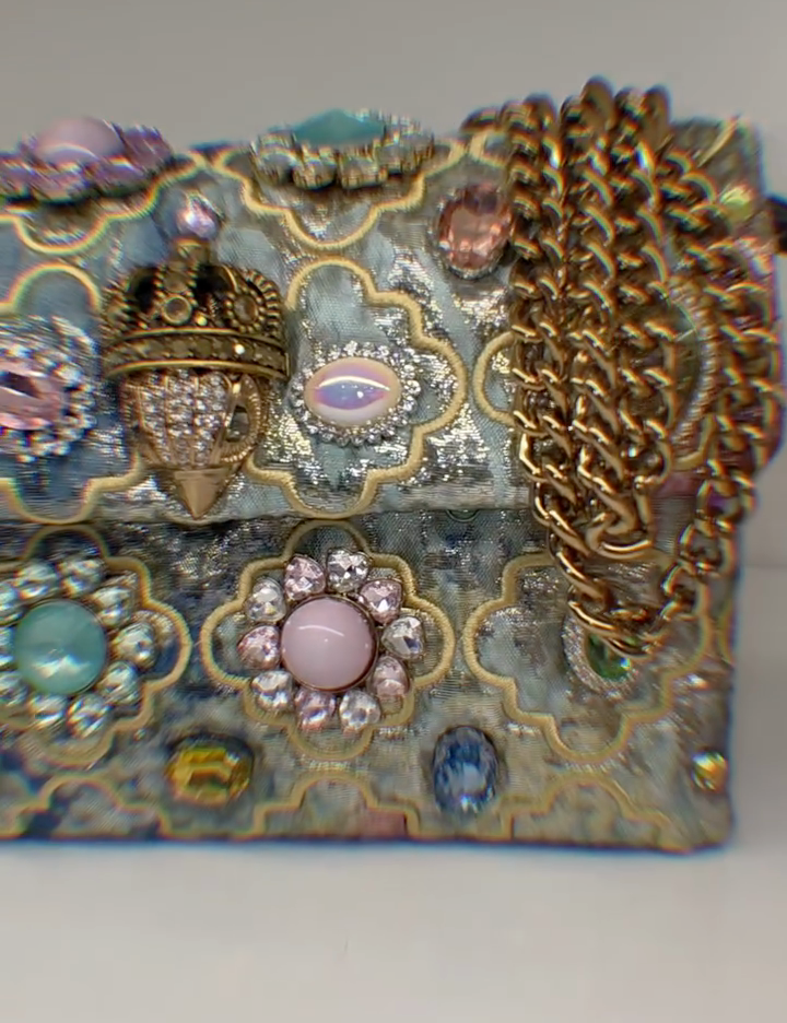 Vintage Blue Denim & Gold Crown Jeweled Embellished Crossbody Bag