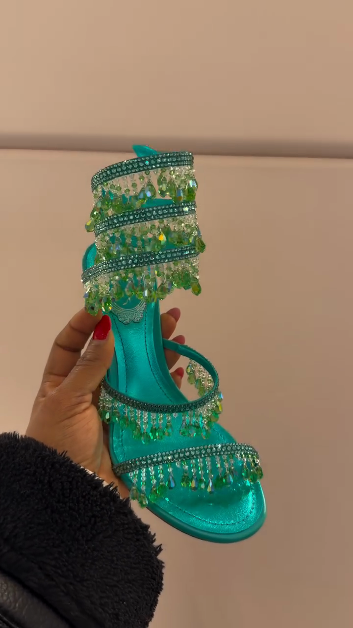 Turquoise Satin Green Crystal Tassel Multi-Strap Stiletto Heel Sandals