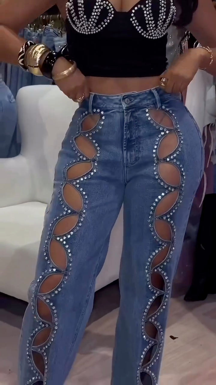 Rhinestone Cutout Denim Pants + Embellished Crop Top Two-Piece Set