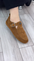 Tan Suede Perforated Mary Jane Flats