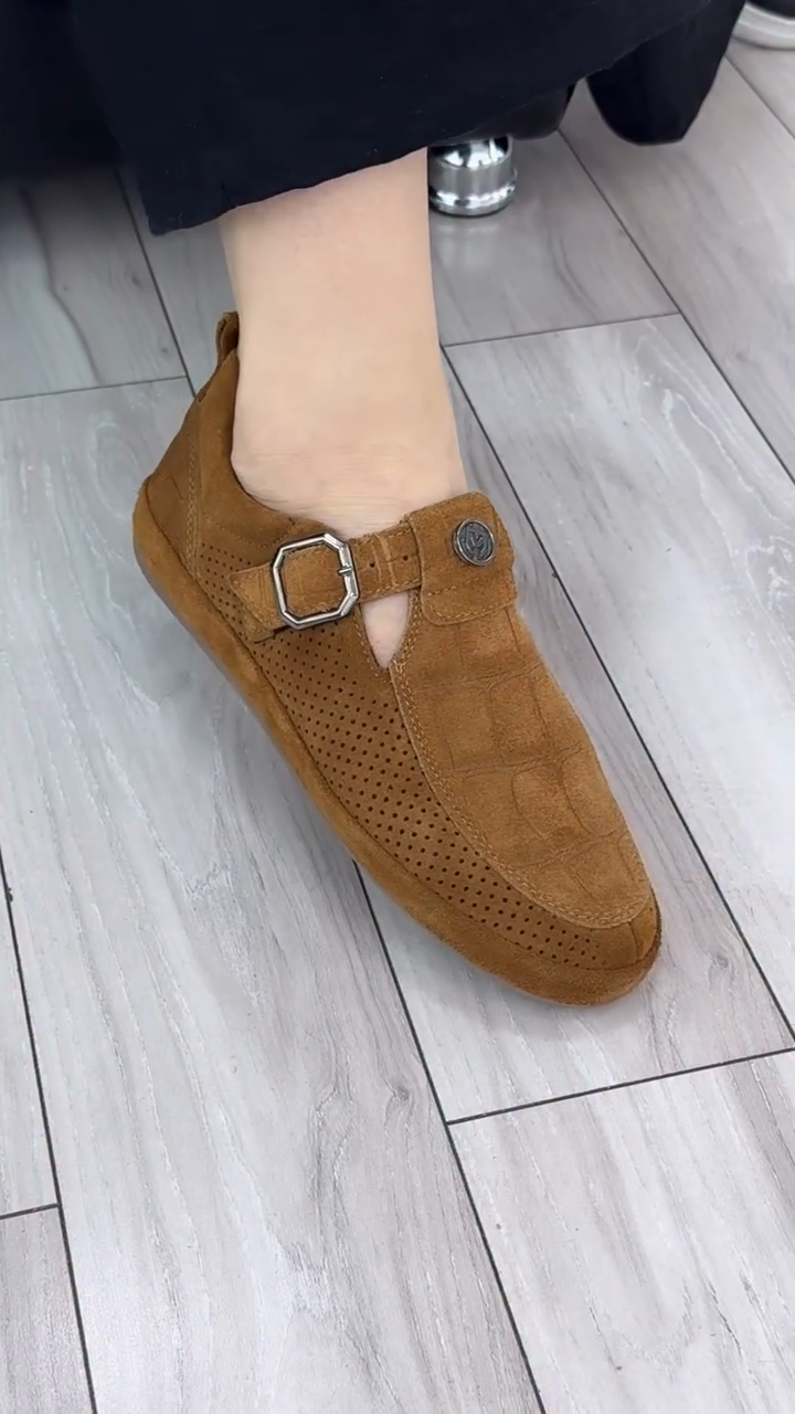 Tan Suede Perforated Mary Jane Flats
