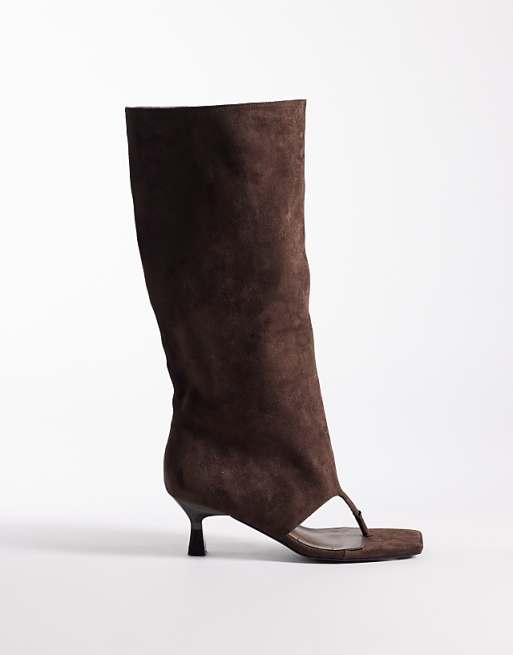 Brown Suede Thong Knee-High Boots
