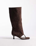 Brown Suede Thong Knee-High Boots