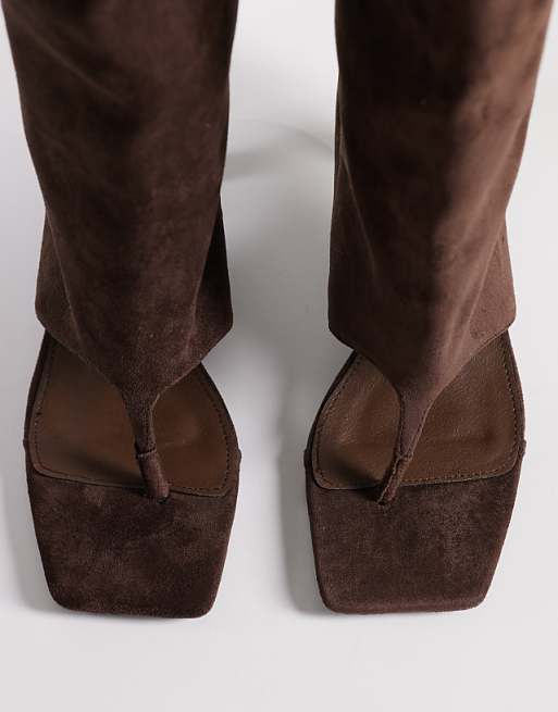 Brown Suede Thong Knee-High Boots