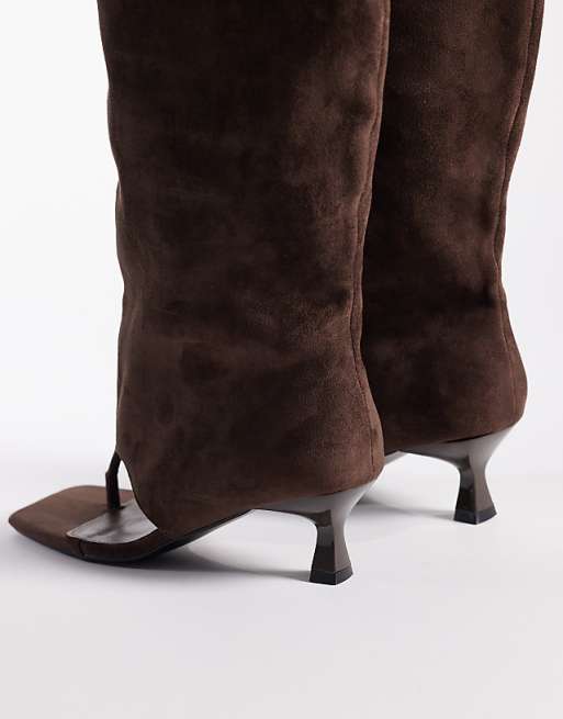 Brown Suede Thong Knee-High Boots
