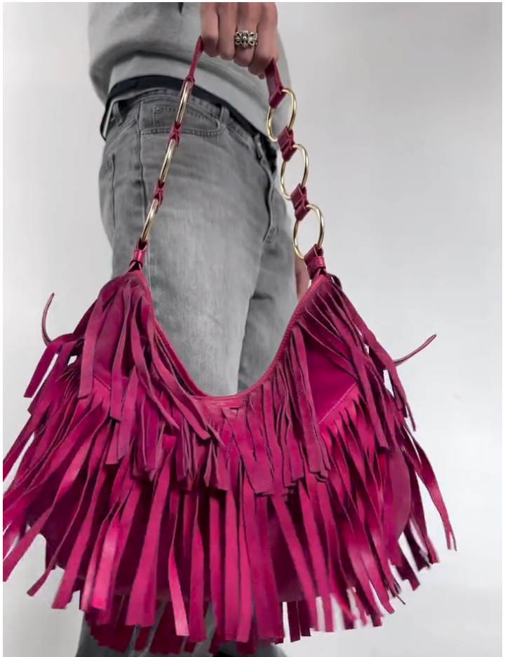 Magenta Leather Fringe Hobo Bag