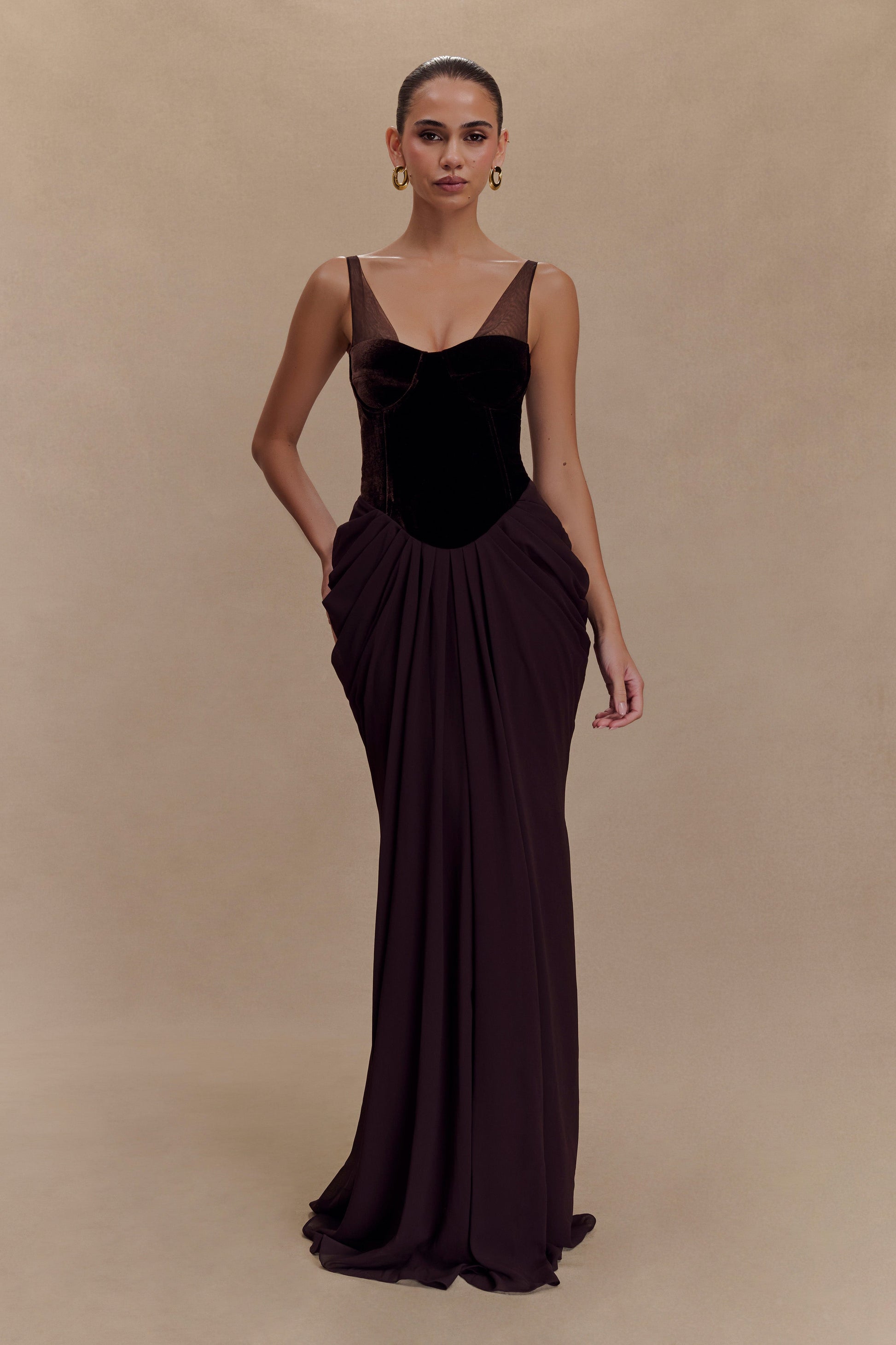 Dark Brown Velvet Chiffon Maxi Gown