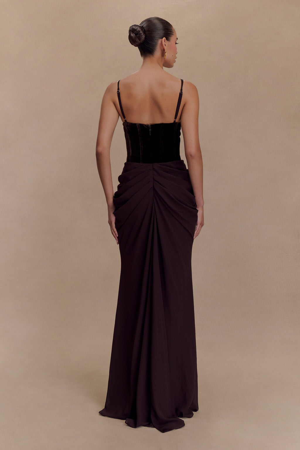 Dark Brown Velvet Chiffon Maxi Gown
