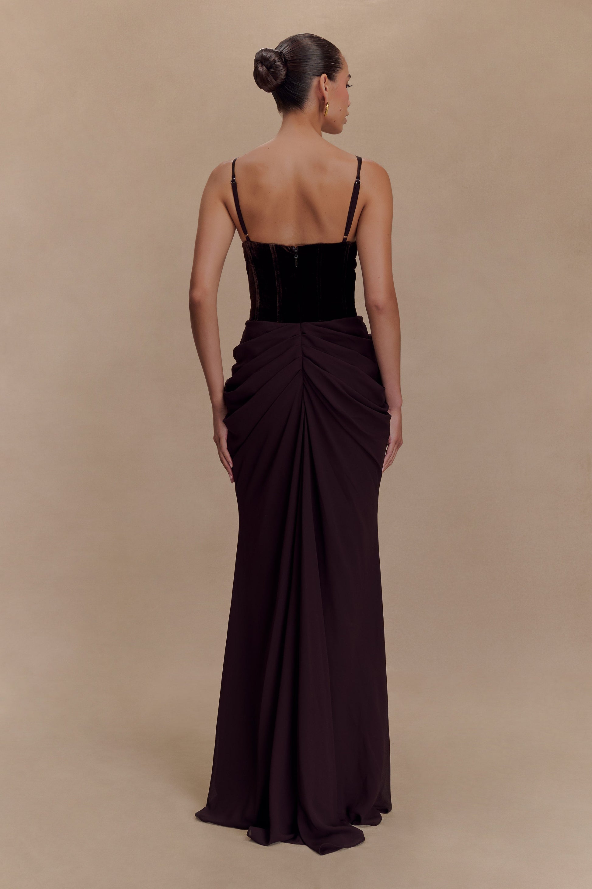 Dark Brown Velvet Chiffon Maxi Gown