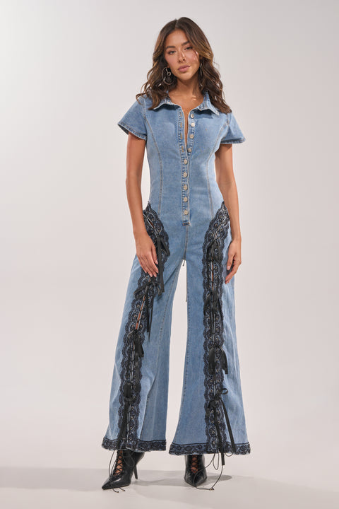 Denim Lace-Up Flare Jumpsuit