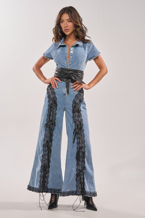 Denim Lace-Up Flare Jumpsuit