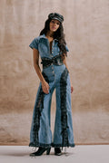Denim Lace-Up Flare Jumpsuit