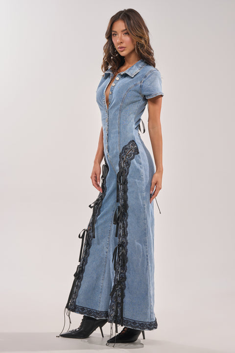 Denim Lace-Up Flare Jumpsuit